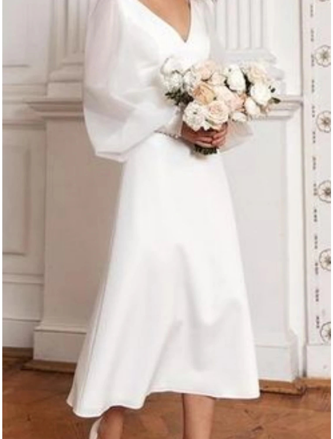 Wholesale Little White Dresses Wedding Dresses A-Line V Neck Long Sleeve Tea Length Satin Bridal Gowns With Pleats Solid Color